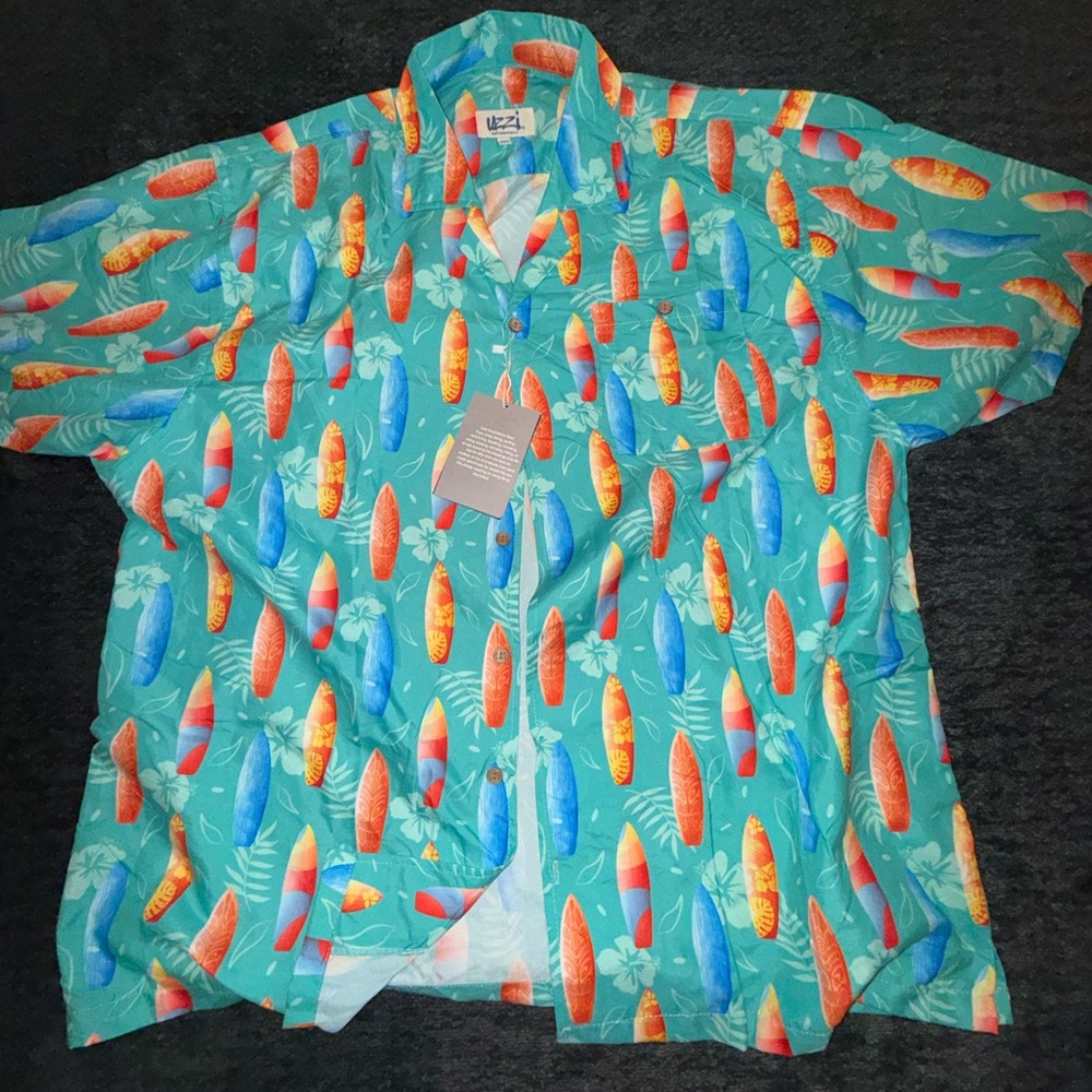 Men’s XXL Tropical Surfboard Print Short-Sleeve Shirt - Teal